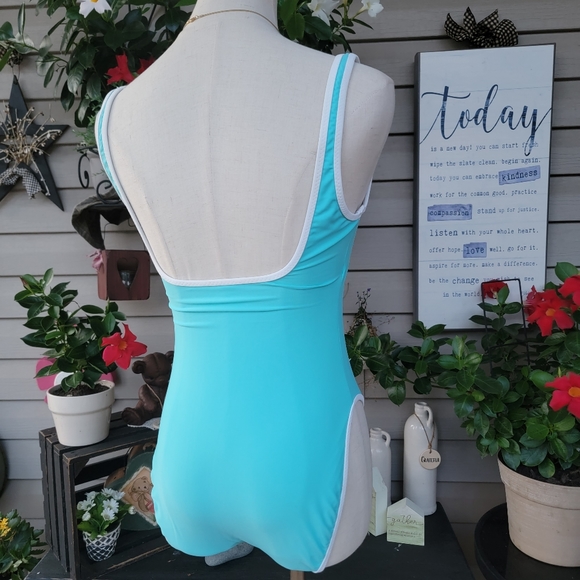 LA BLANCA ♡ Gorgeous Vintage 1pc Aqua Blue 'n White Trim Bralette Swimsuit 8 - Picture 7 of 15